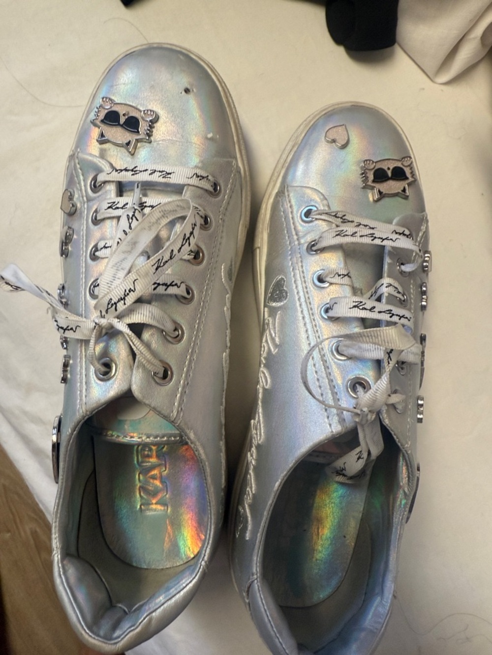 Karl Lagerfeld Iridescent Silver Holographic Low-Top Sneakers